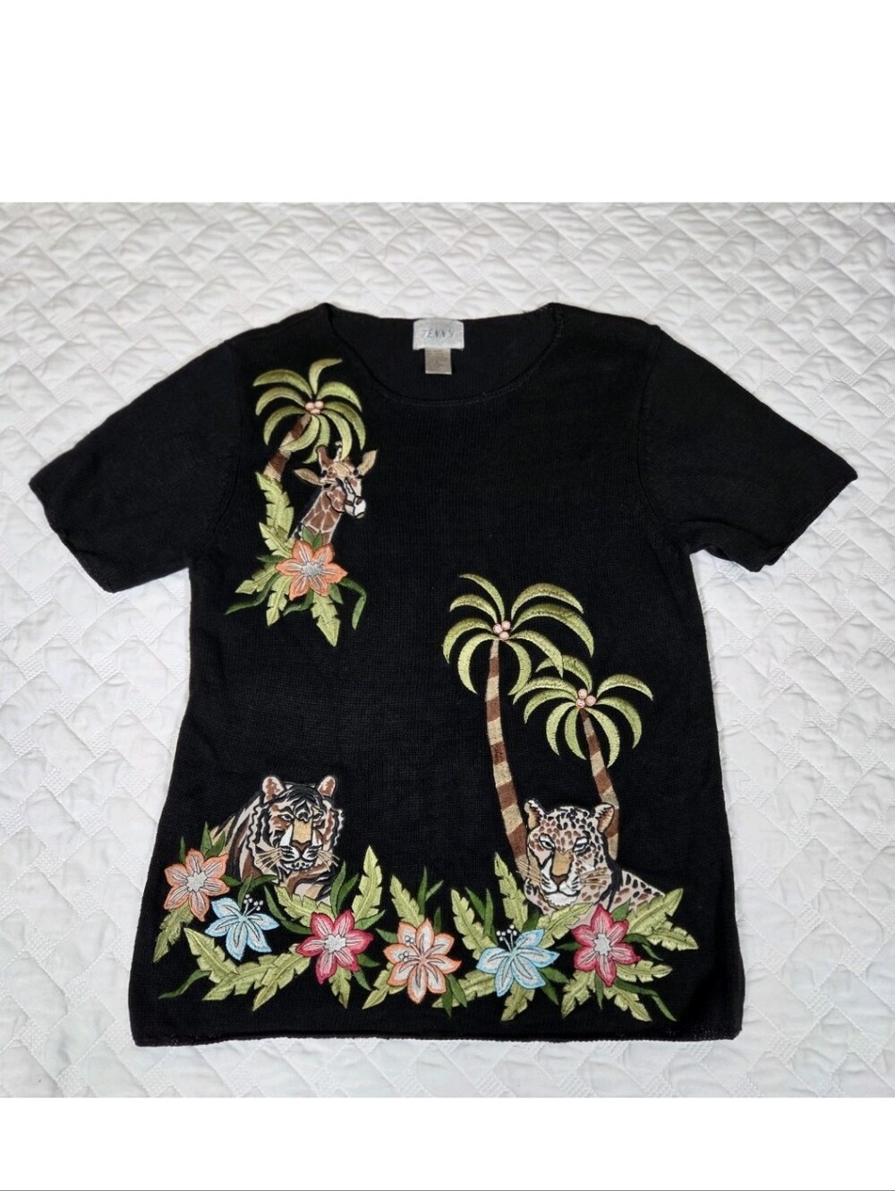 Jenny Vintage Ramie Short Sleeve Sweater Floral Safari Animal Print Black S